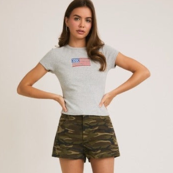 Le Lis Tops - Embroidered American Flag Ribbed Baby Tee - Le Lis